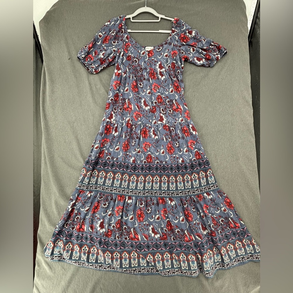 KNOX ROSE Womens Blue Multi Floral Boho Peasant Maxi Dress Smocked Rayon M